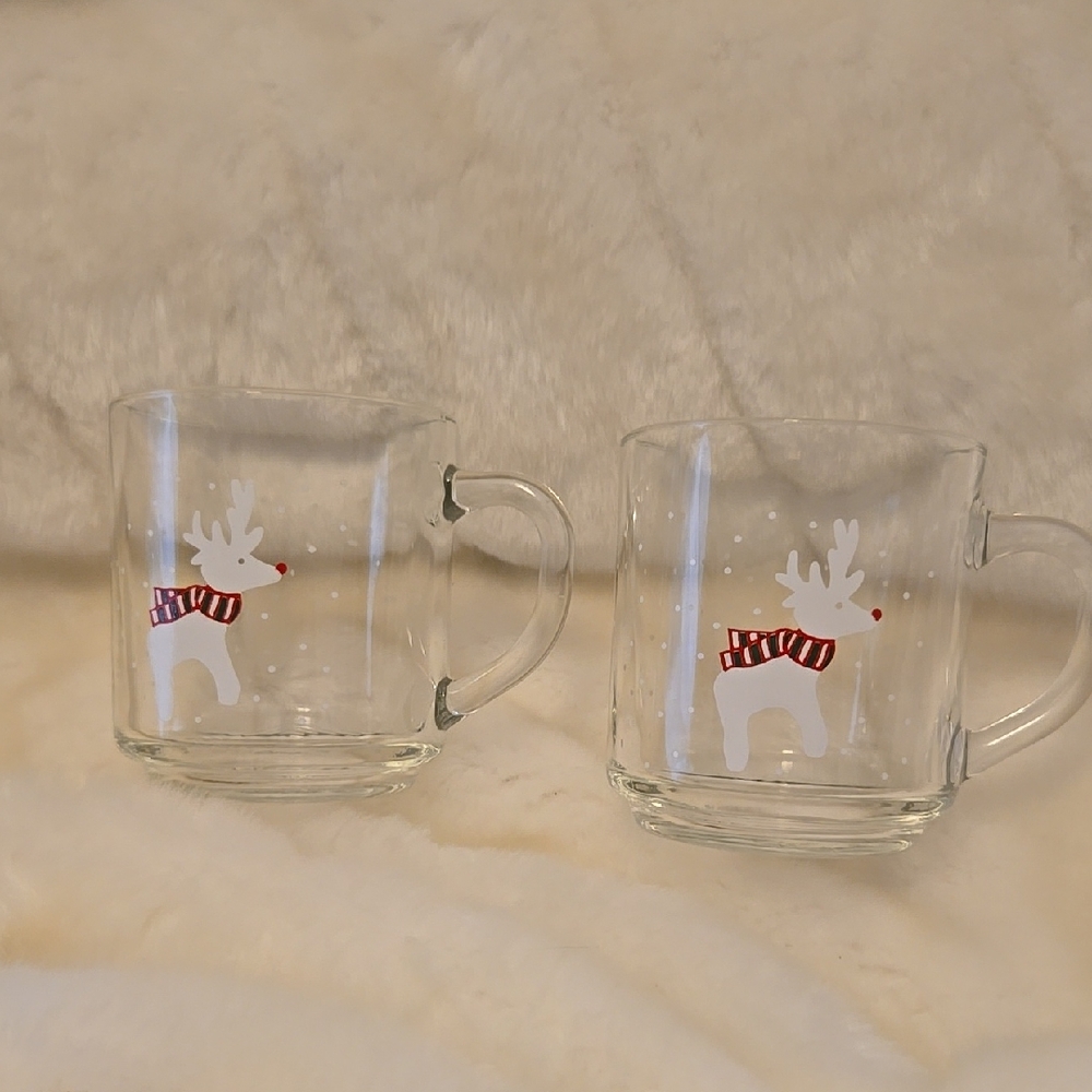 Holiday Reindeer Glass Mugs - Set of 2